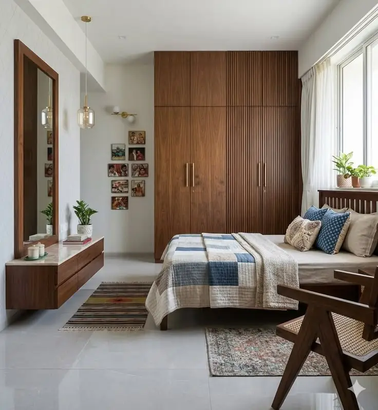 Walnut finish wardrobe in a master bedroom with dresser